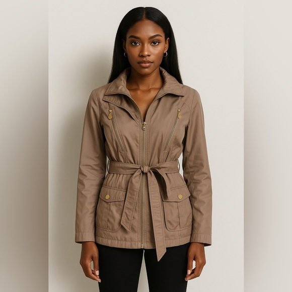 Betsey Johnson Belted Taupe Raincoat ruffle jacket – Hooded Gold Hardware XS - Picture 1 of 8